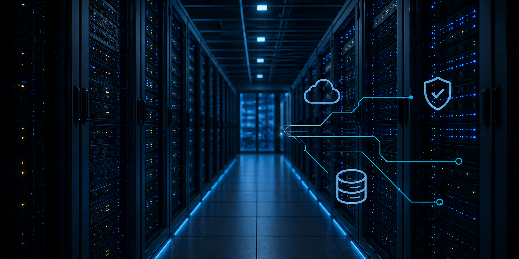 Moderne serverruimte met netwerk- en securityvisualisatie